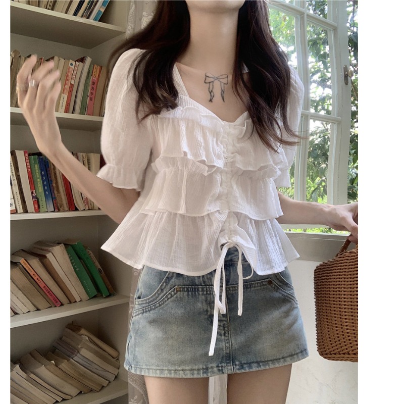 Women’s Plus Size Ruffle Drawstring Short Sleeve Blouse M-4XL