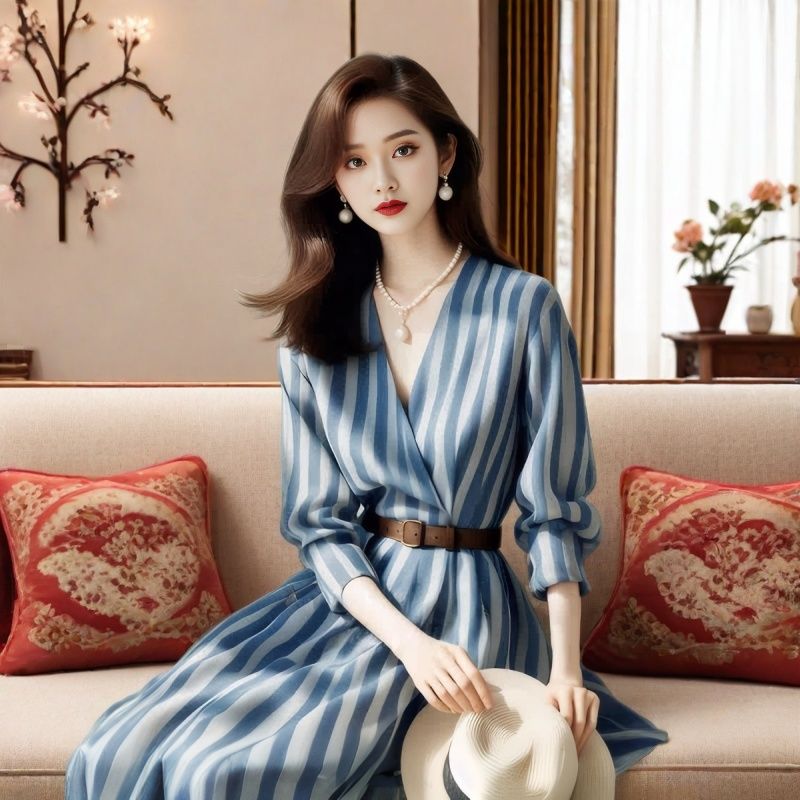 2026 Spring Summer New Women's Niche V-Neck Waist-Cinched Blue Striped Midi Shirt Dress