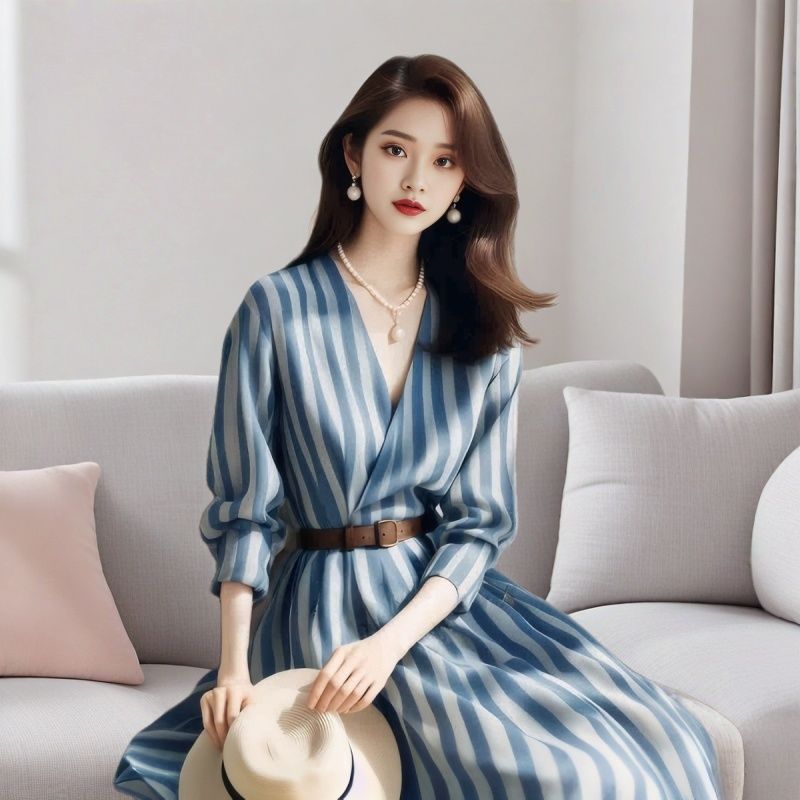 2026 Spring Summer New Women's Niche V-Neck Waist-Cinched Blue Striped Midi Shirt Dress - Image 2