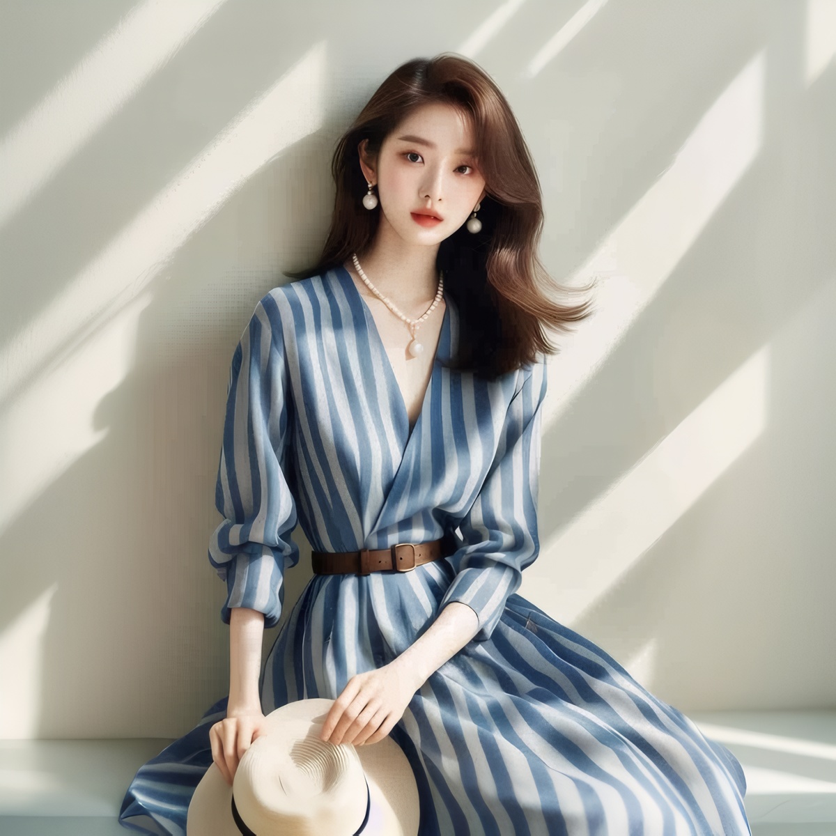 2026 Spring Summer New Women's Niche V-Neck Waist-Cinched Blue Striped Midi Shirt Dress - Image 4