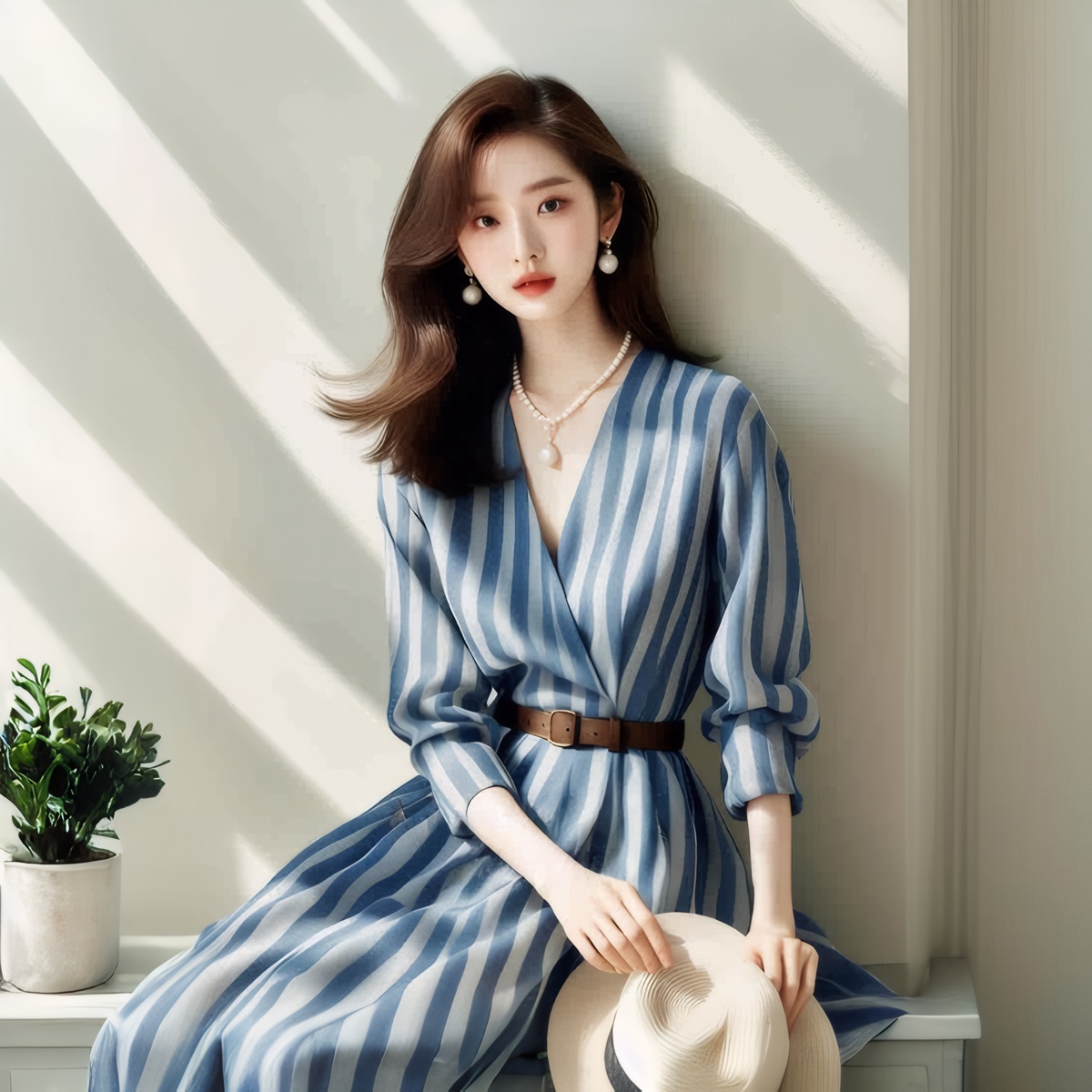 2026 Spring Summer New Women's Niche V-Neck Waist-Cinched Blue Striped Midi Shirt Dress - Image 5