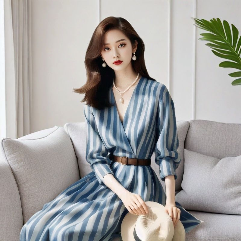 2026 Spring Summer New Women's Niche V-Neck Waist-Cinched Blue Striped Midi Shirt Dress - Image 3