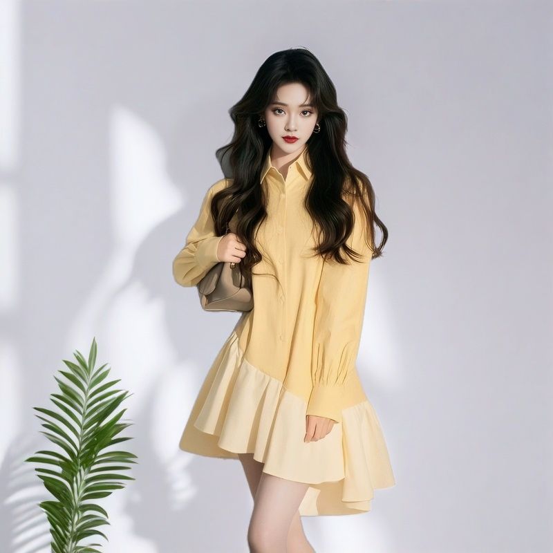Irregular Design Lazy Style Yellow Patchwork Dress 2026 Spring Summer Casual Commute - Image 4