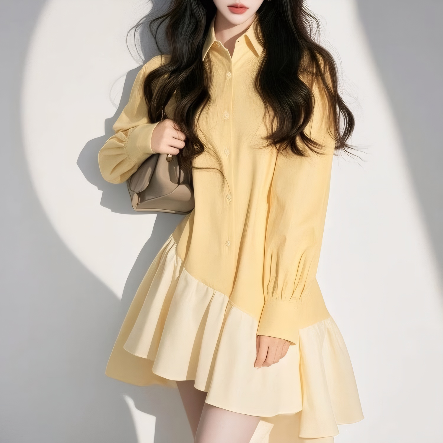 Irregular Design Lazy Style Yellow Patchwork Dress 2026 Spring Summer Casual Commute