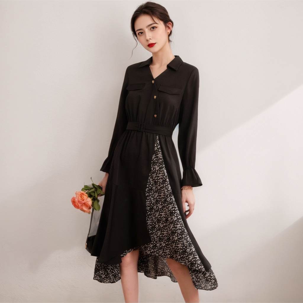2025 Spring Elegant V-Neck Midi Dress with Detachable Belt and Polka Dot Print