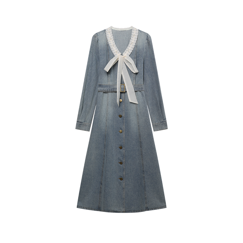 Sweet Pleated Colorblock V-Neck Denim Dress 2025 Spring Single-Breasted Slim Fit Women's Dress - Image 5