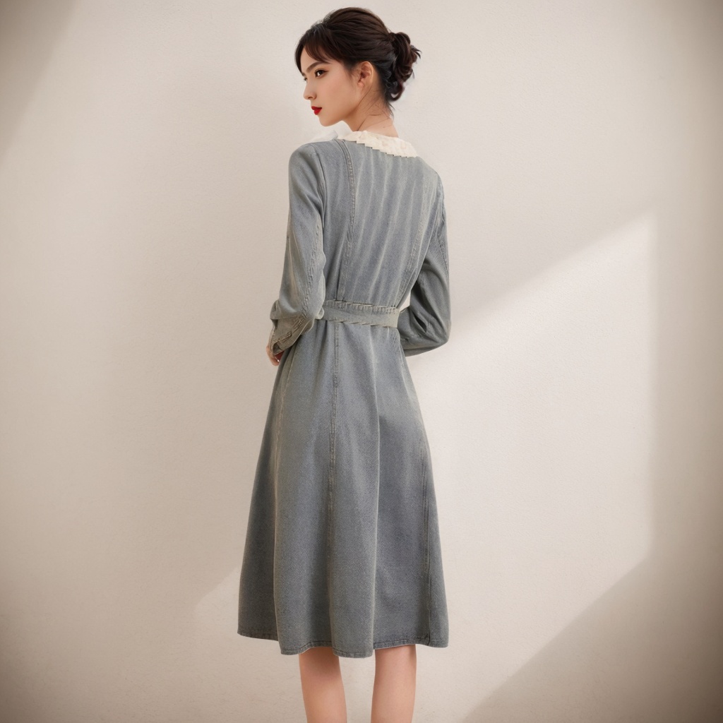 Sweet Pleated Colorblock V-Neck Denim Dress 2025 Spring Single-Breasted Slim Fit Women's Dress - Image 2