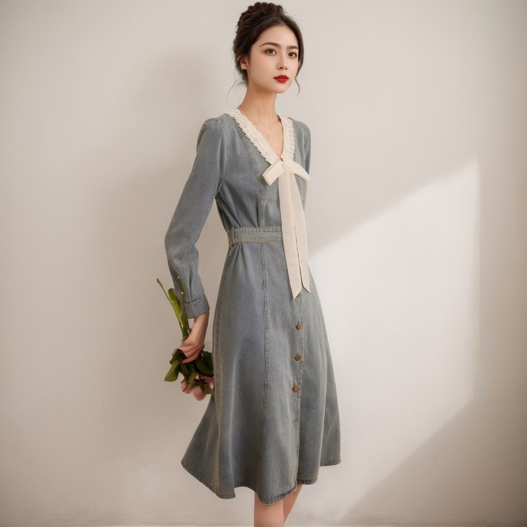 Sweet Pleated Colorblock V-Neck Denim Dress 2025 Spring Single-Breasted Slim Fit Women's Dress - Image 3