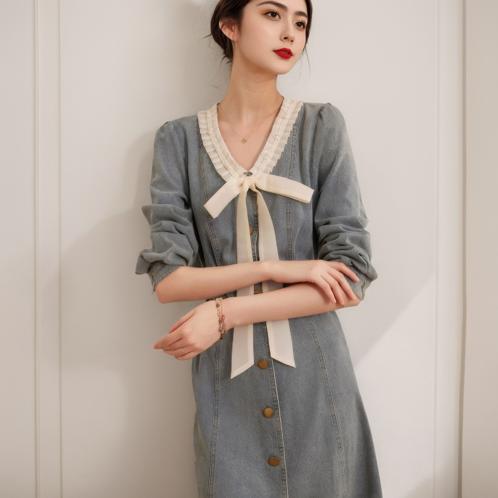 Sweet Pleated Colorblock V-Neck Denim Dress 2025 Spring Single-Breasted Slim Fit Women's Dress - Image 4