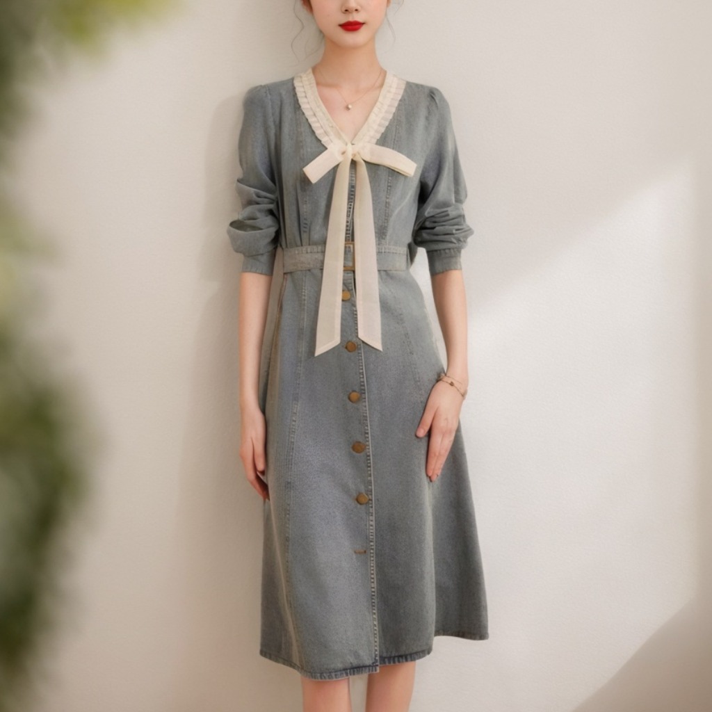 Sweet Pleated Colorblock V-Neck Denim Dress 2025 Spring Single-Breasted Slim Fit Women’s Dress