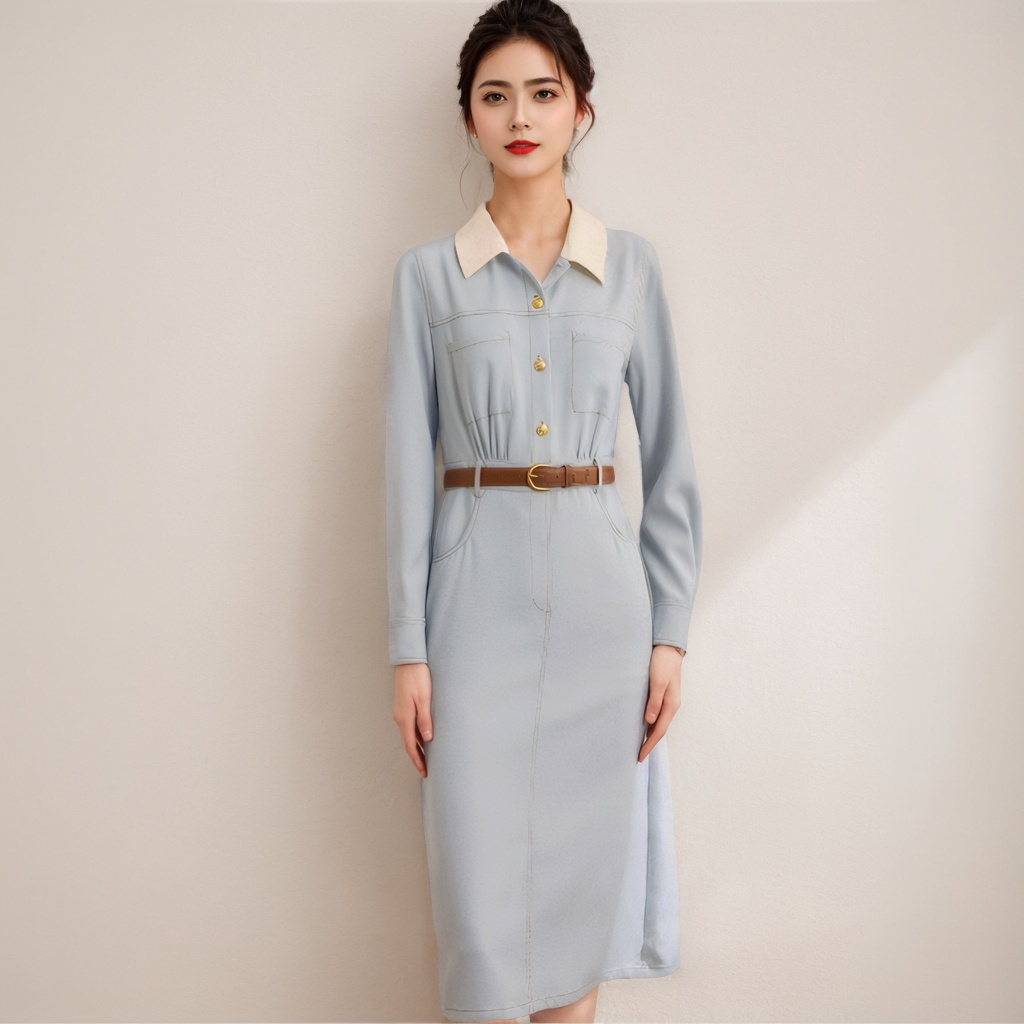 2026 Spring New Patchwork Turn-Down Collar Slimming Color-Block Midi Long-Sleeve Polo Dress for Women - Image 4