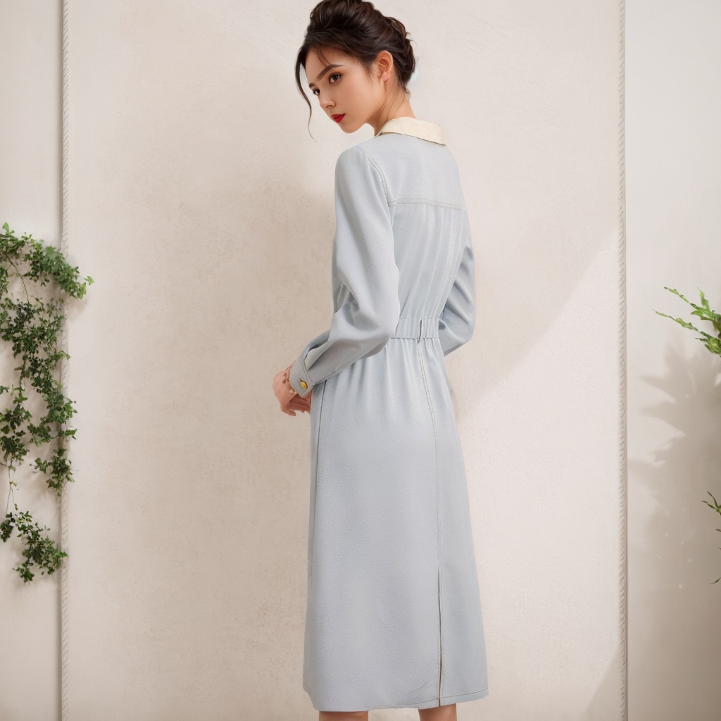 2026 Spring New Patchwork Turn-Down Collar Slimming Color-Block Midi Long-Sleeve Polo Dress for Women - Image 2