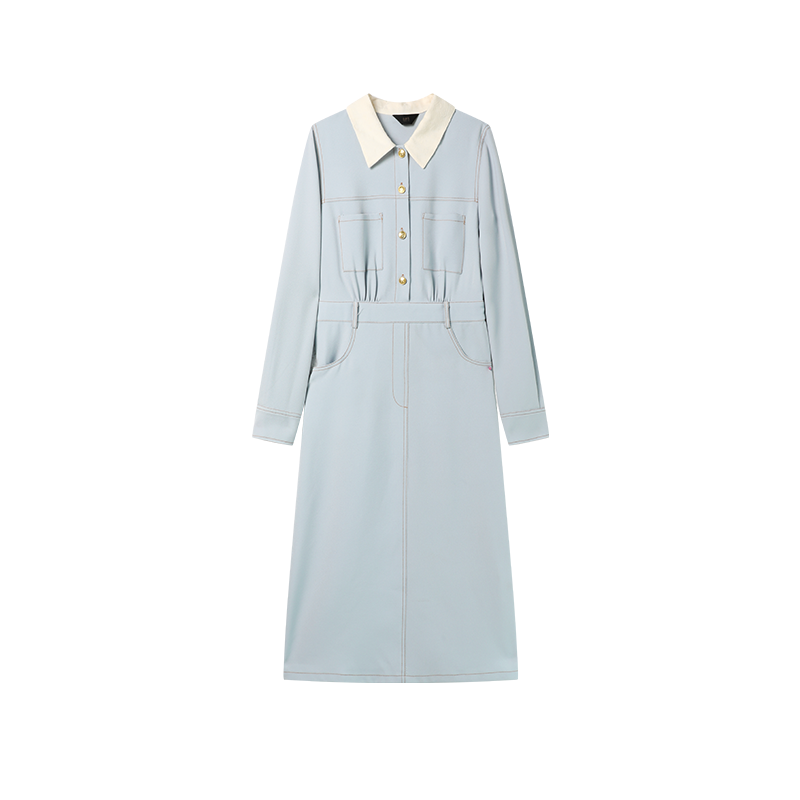 2026 Spring New Patchwork Turn-Down Collar Slimming Color-Block Midi Long-Sleeve Polo Dress for Women - Image 5