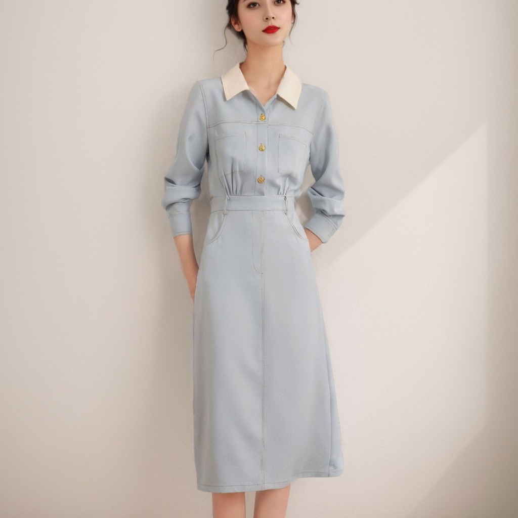 2026 Spring New Patchwork Turn-Down Collar Slimming Color-Block Midi Long-Sleeve Polo Dress for Women - Image 3