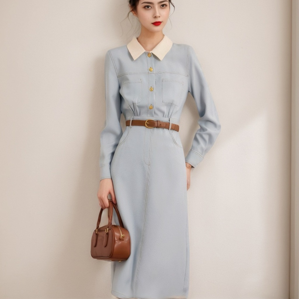 2026 Spring New Patchwork Turn-Down Collar Slimming Color-Block Midi Long-Sleeve Polo Dress for Women