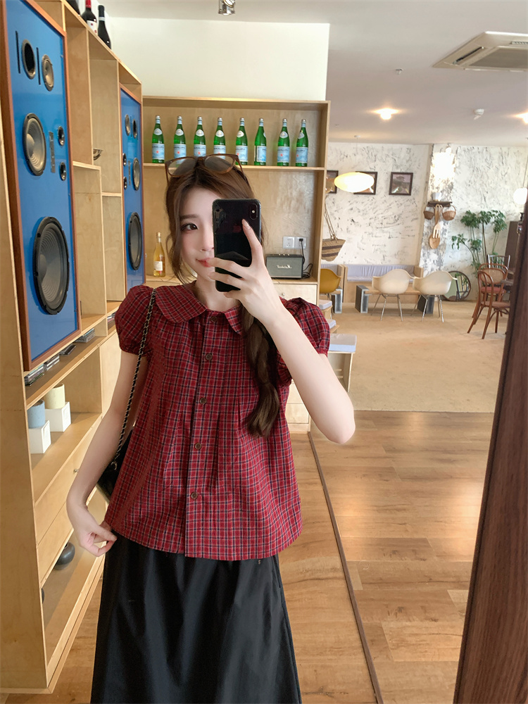 Summer Korean Sweet Plaid Shirt with Doll Collar and Black Skirt Set