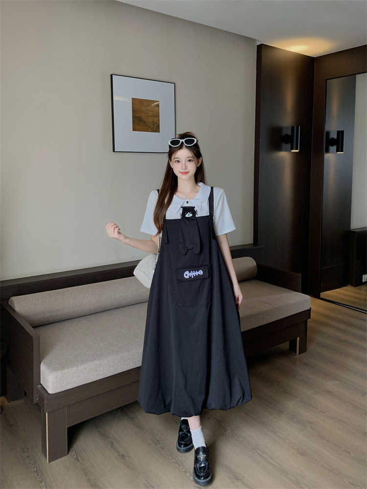 Plus Size Sweet Embroidered Loose Bubble Skirt Dress Preppy Style Short Sleeve Top Set