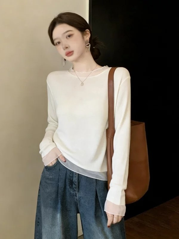 Minimalist Solid Color Mesh Lace Collar Long Sleeve Knit Cardigan White Lace Trim Shoulder Sweater Top