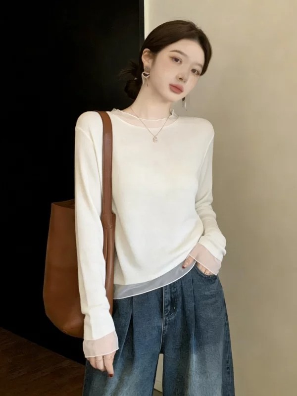 Minimalist Solid Color Mesh Lace Collar Long Sleeve Knit Cardigan White Lace Trim Shoulder Sweater Top - Image 2