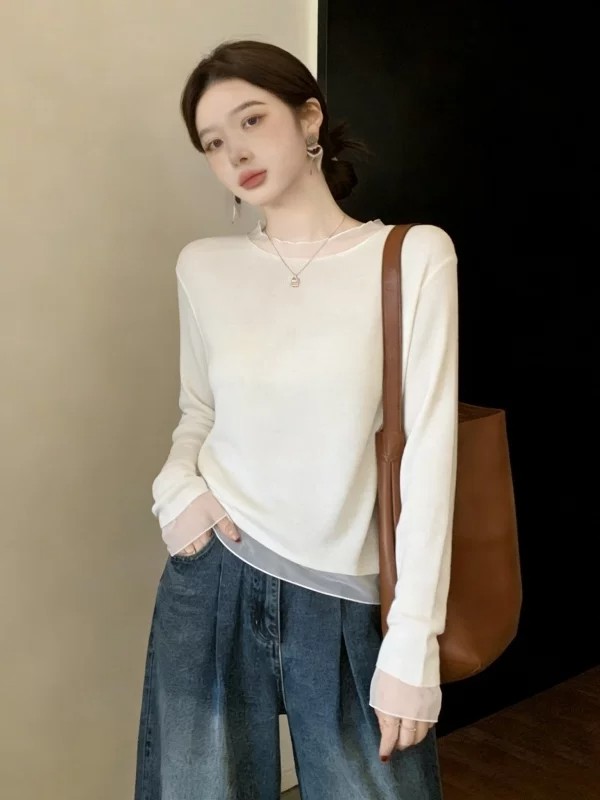 Minimalist Solid Color Mesh Lace Collar Long Sleeve Knit Cardigan White Lace Trim Shoulder Sweater Top - Image 3