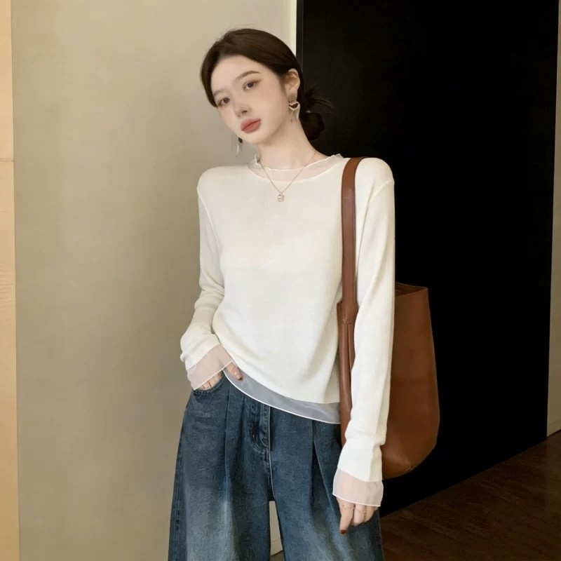 Minimalist Solid Color Mesh Lace Collar Long Sleeve Knit Cardigan White Lace Trim Shoulder Sweater Top - Image 5
