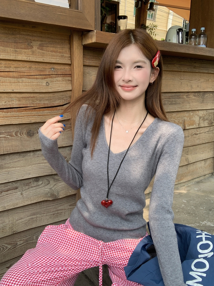 V-Neck Knit Sweater 2026 Fall Women Slim Fit Pullover Top