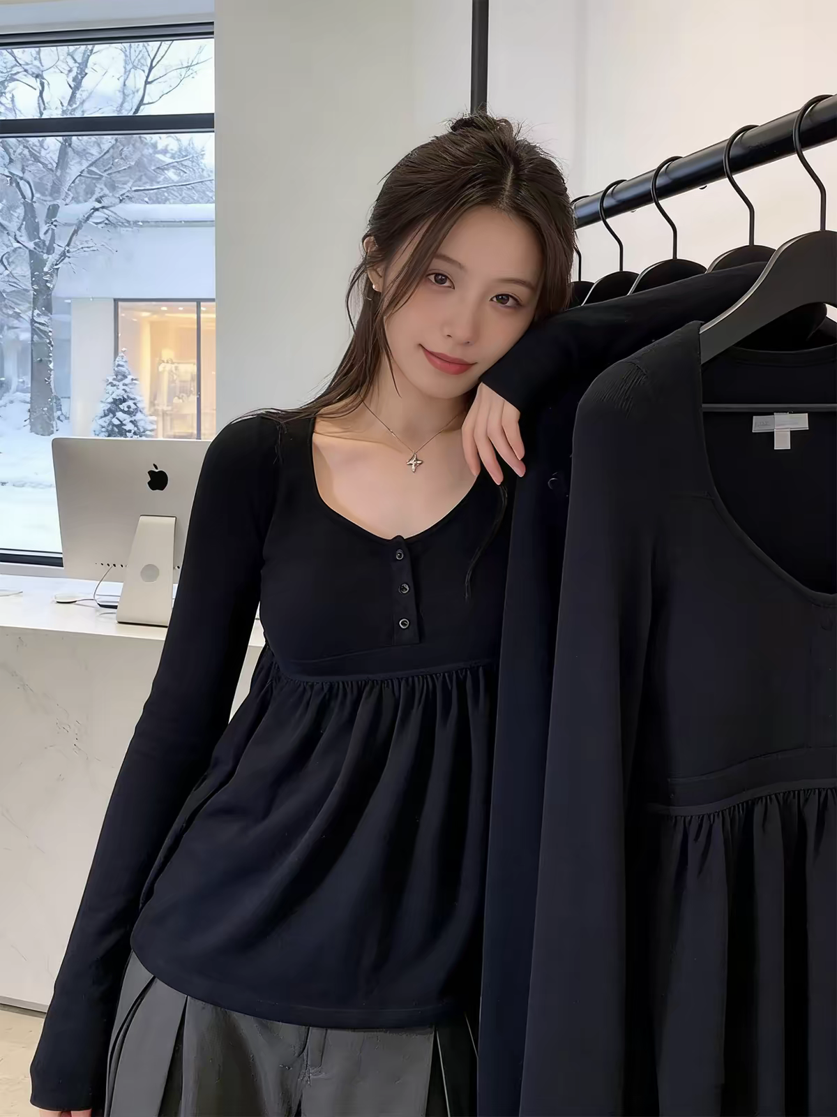 Korean Style Navy Button Long Sleeve Women's Top 2026 Winter New - Image 2
