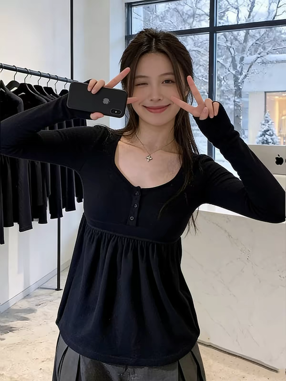 Korean Style Navy Button Long Sleeve Women's Top 2026 Winter New - Image 3