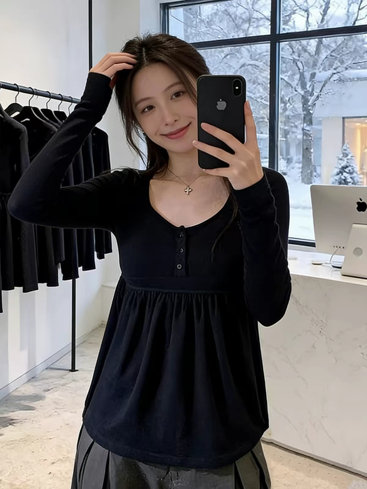 Korean Style Navy Button Long Sleeve Women's Top 2026 Winter New - Image 4