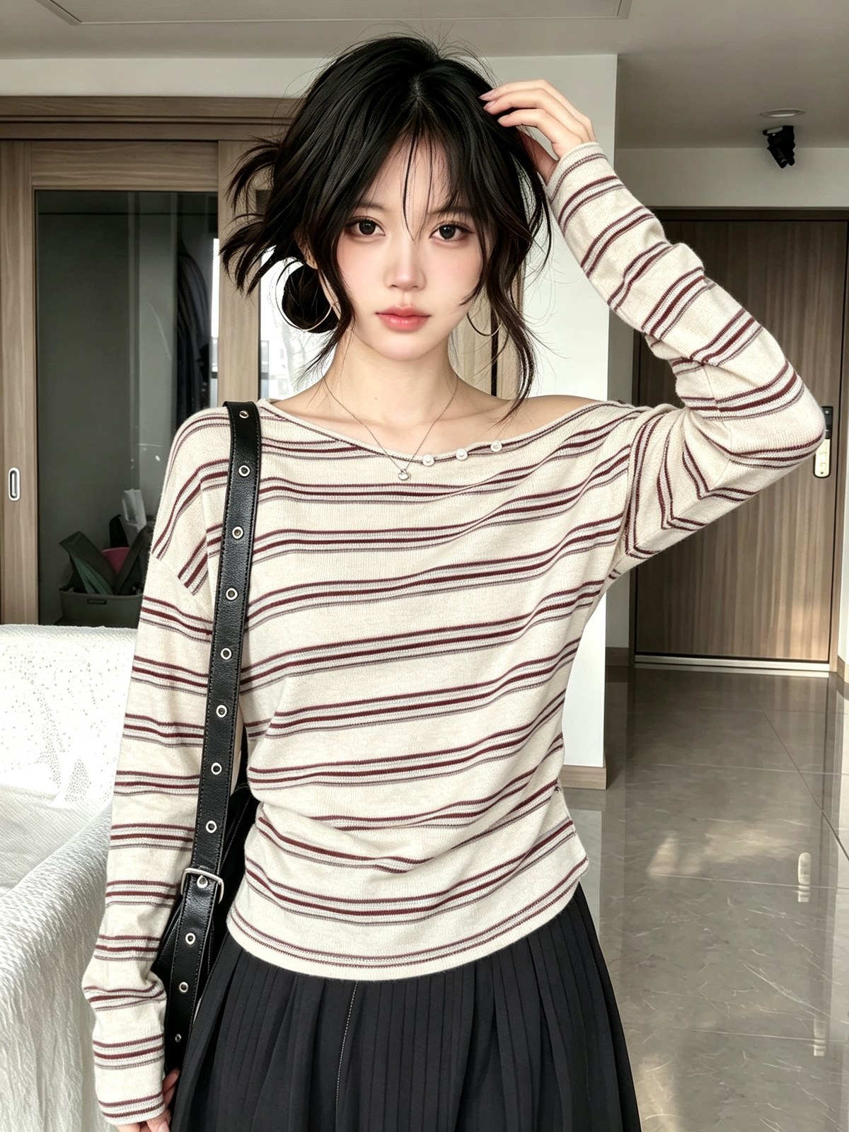 Striped Slim Fit Long Sleeve Top Korean Style Early Autumn