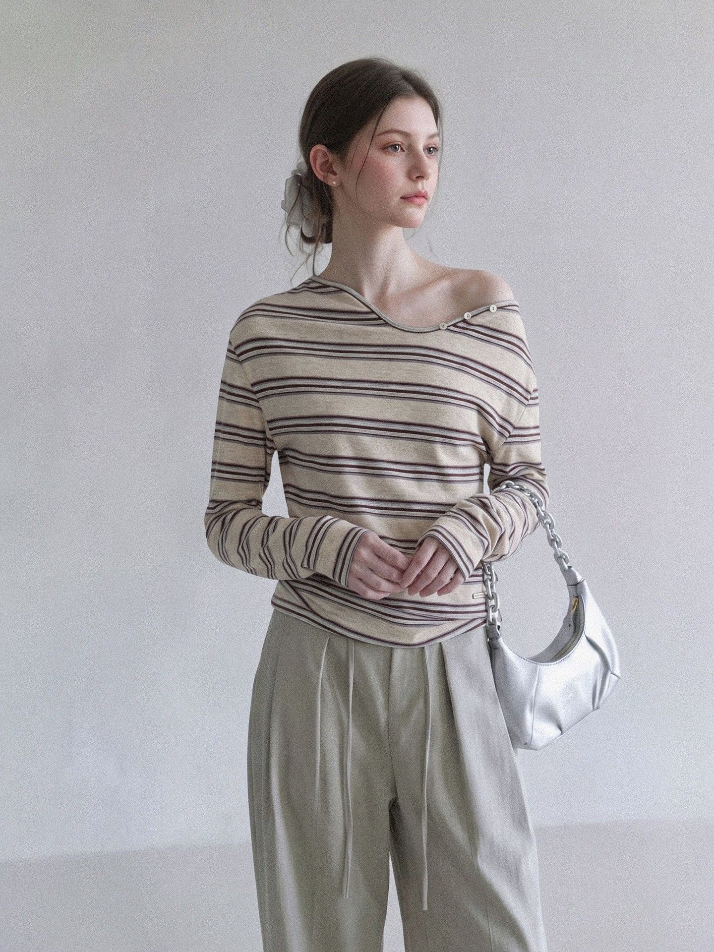 Striped Long Sleeve Slim Fit Korean Style Top - Image 3