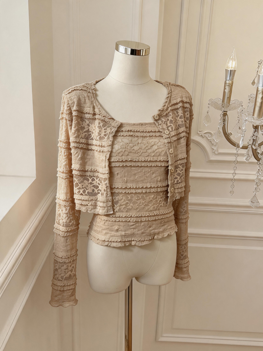 Women’s Embroidered Lace Corset Cami and Cardigan Two-Piece Set