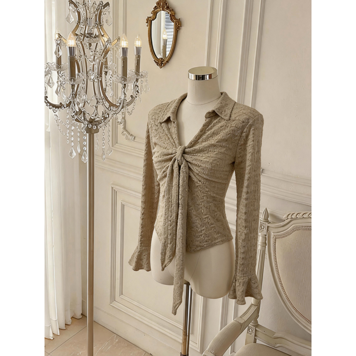 Women's Lace Knit Top with Tie and Polo Collar Long Sleeve - Image 5