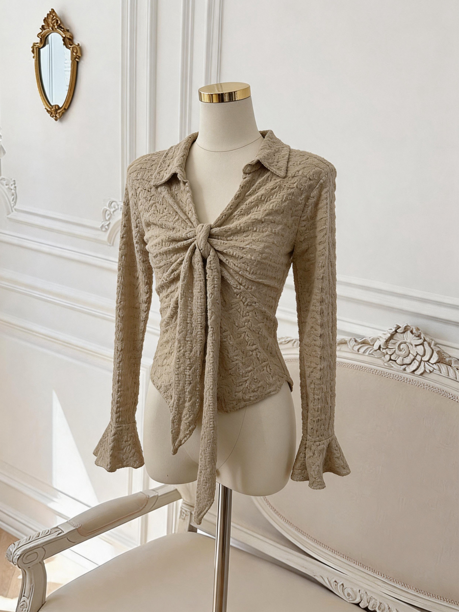 Women's Lace Knit Top with Tie and Polo Collar Long Sleeve - Image 4