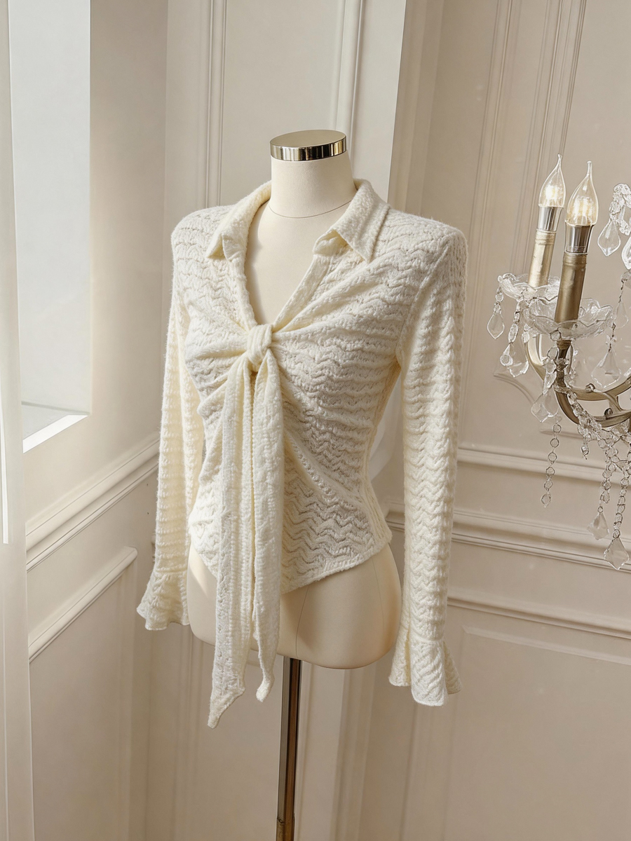 Women's Lace Knit Top with Tie and Polo Collar Long Sleeve - Image 3