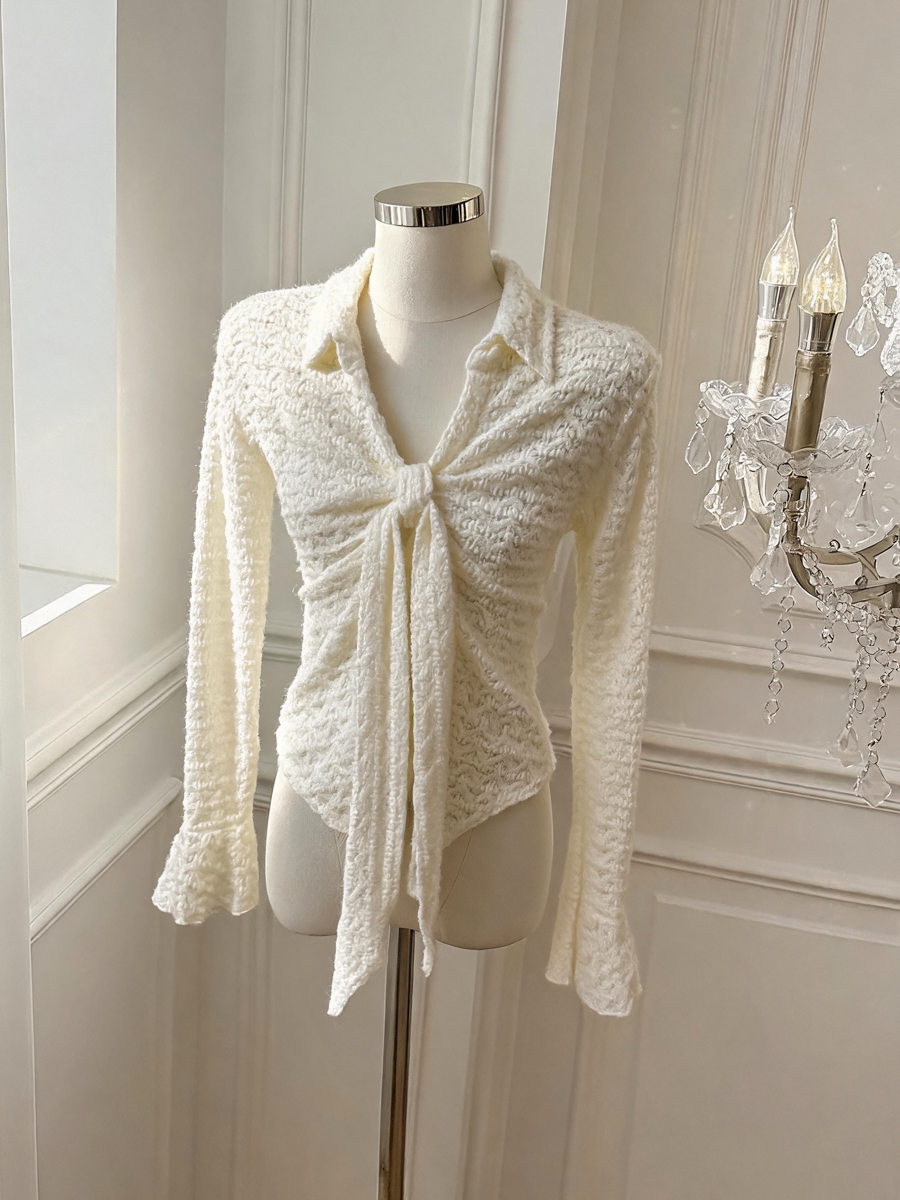 Women's Lace Knit Top with Tie and Polo Collar Long Sleeve - Image 2