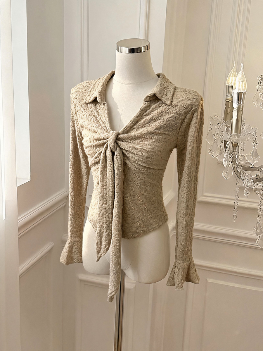 Women’s Lace Knit Top with Tie and Polo Collar Long Sleeve