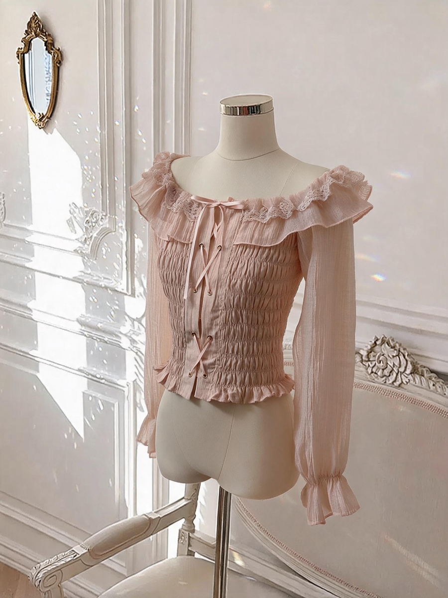 Pure Desire Lace Panel Off-Shoulder Long Sleeve Top Women Autumn Waist-Slimming Chiffon Shirt - Image 4