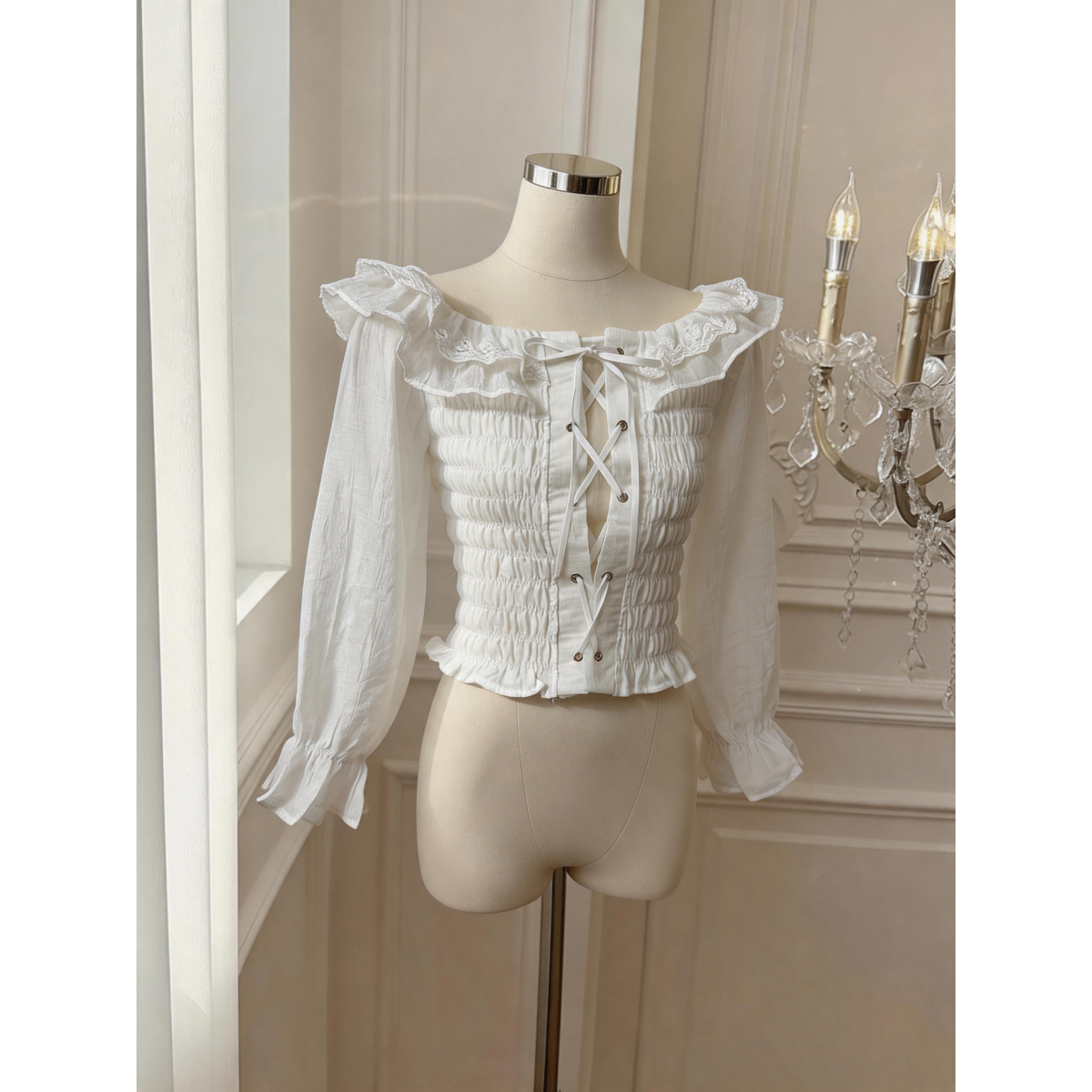Pure Desire Lace Panel Off-Shoulder Long Sleeve Top Women Autumn Waist-Slimming Chiffon Shirt - Image 5
