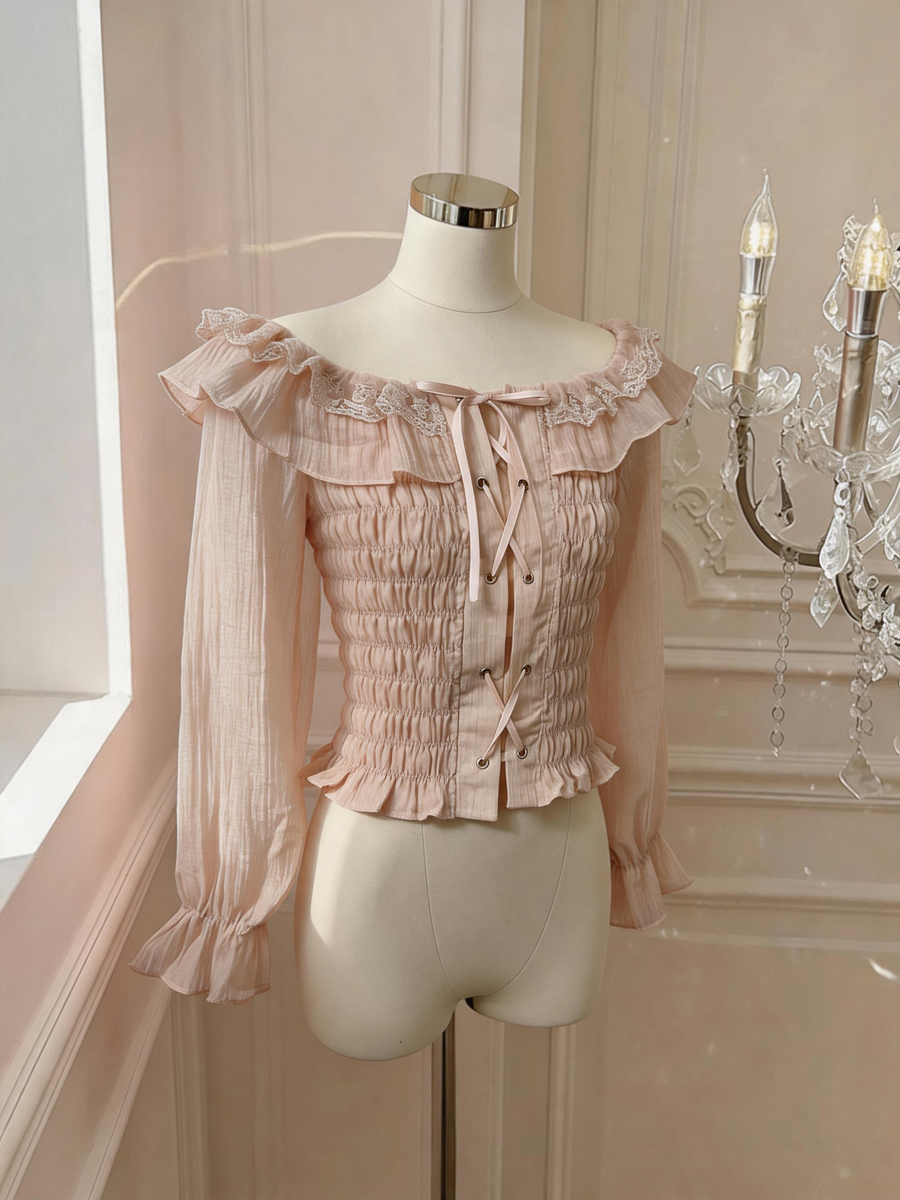 Pure Desire Lace Panel Off-Shoulder Long Sleeve Top Women Autumn Waist-Slimming Chiffon Shirt