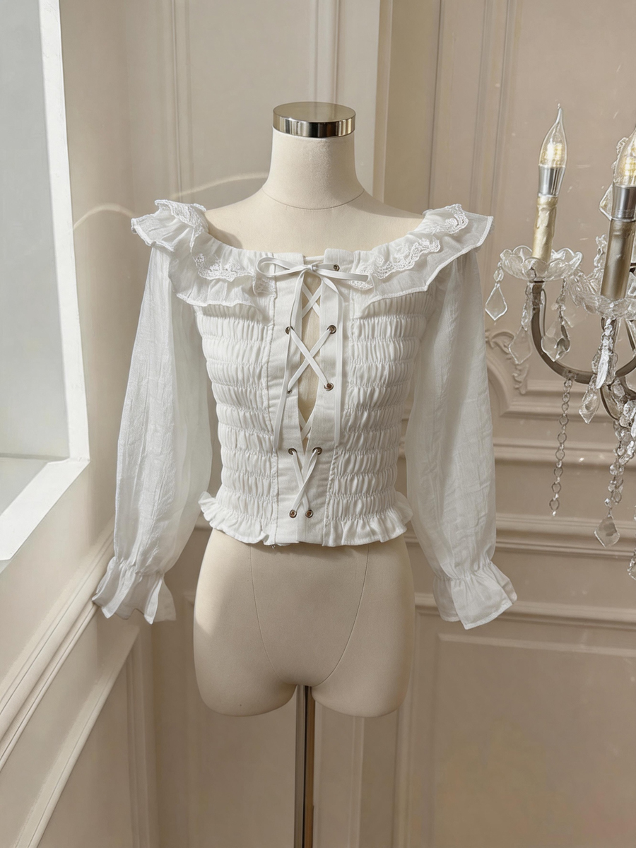 Pure Desire Lace Panel Off-Shoulder Long Sleeve Top Women Autumn Waist-Slimming Chiffon Shirt - Image 2