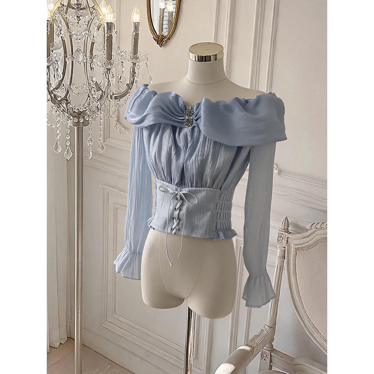 Light Luxury Off-Shoulder Flared Sleeve Chiffon Top for Women with Pleated Waist Tie - Style 714e64 - Image 5