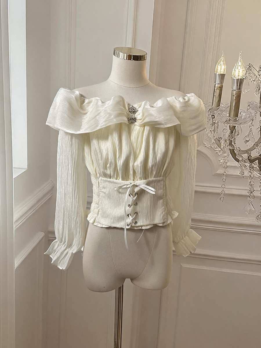 Light Luxury Off-Shoulder Flared Sleeve Chiffon Top for Women with Pleated Waist Tie – Style 714e64