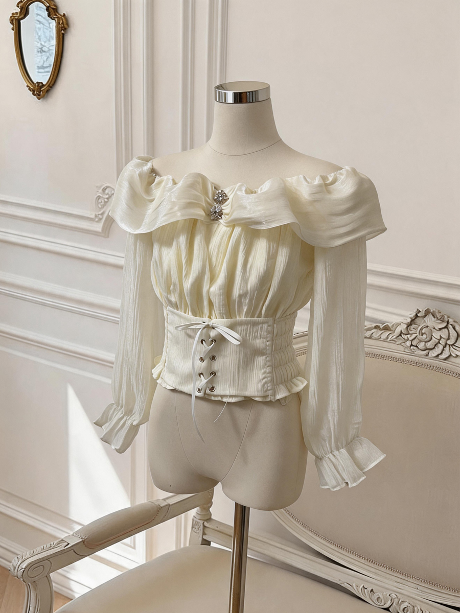 Light Luxury Off-Shoulder Flared Sleeve Chiffon Top for Women with Pleated Waist Tie - Style 714e64 - Image 4