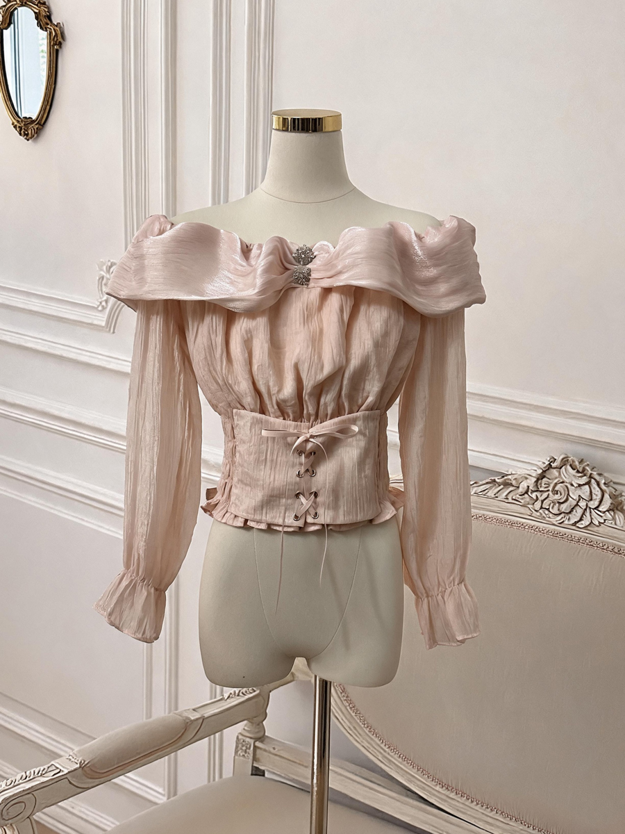 Light Luxury Off-Shoulder Flared Sleeve Chiffon Top for Women with Pleated Waist Tie - Style 714e64 - Image 3