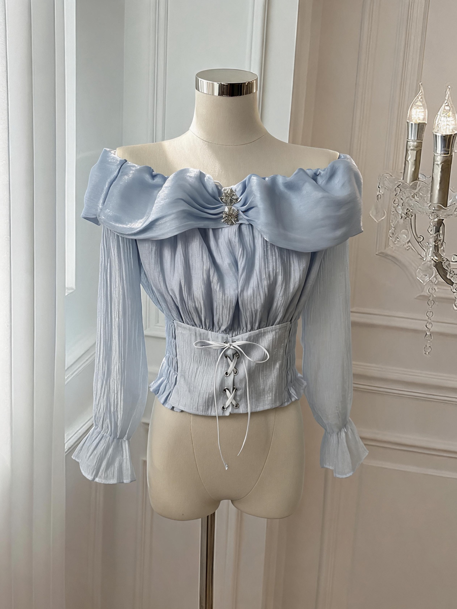 Light Luxury Off-Shoulder Flared Sleeve Chiffon Top for Women with Pleated Waist Tie - Style 714e64 - Image 2